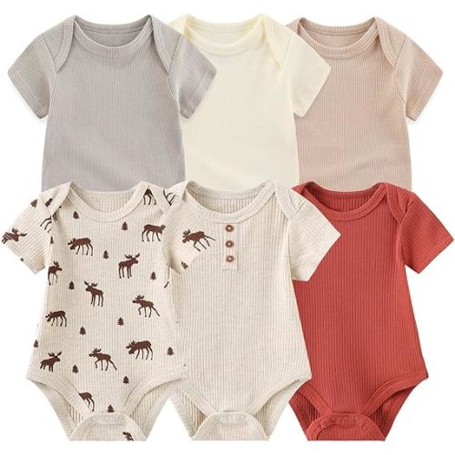 Ruliby Baby Bodysuit 6 Pack Soft Mixed Ribbed Short Sleeve Romper Infant Boy Girl Clothes Set