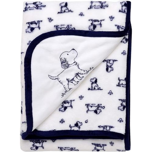 2-Ply Reversible Luxury Baby Blanket with Puppy Embroidery, Blue and White Little Me Puppy Toile Print (30 inch x 40 inch)