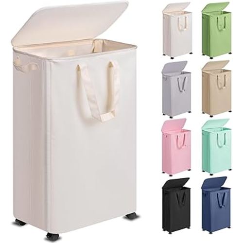 Slim Laundry Hamper with Lid and Wheels, Small Rolling Laundry Basket with Handle for Small Spaces, Tall Dirty Clothes Hampers for Dorm, Bathroom and Bedroom, 75L, Beige