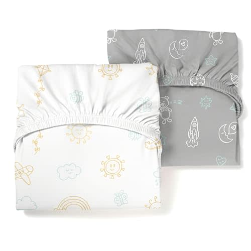 Guava Lotus Travel Crib Sheets (Set of 2) – 100% Organic Cotton Fitted Sheets for Baby Play Yard & Mini Crib Mattress – Super Soft Jersey Knit – Snug Fit & Washable (Day & Night)