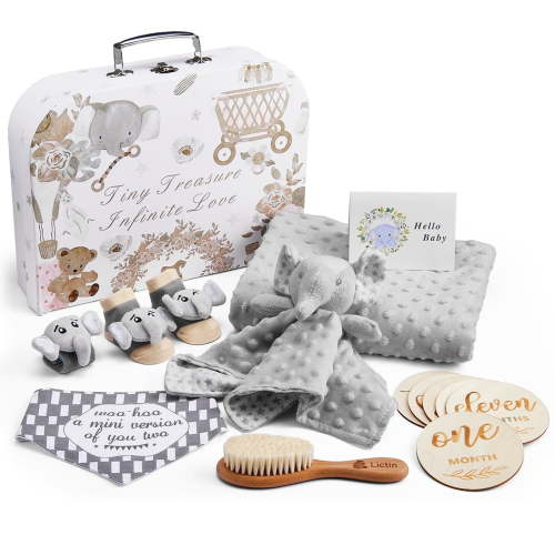 Lictin Baby Gift Set, 14PCS Neutral Newborn Gift Basket, Blanket, Milestone Cards, Plush, Rattle Socks