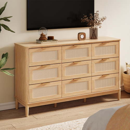 Linsy Home Oversized Rattan Dressers for Bedroom, Wide Chest of 9 Drawers, Oak