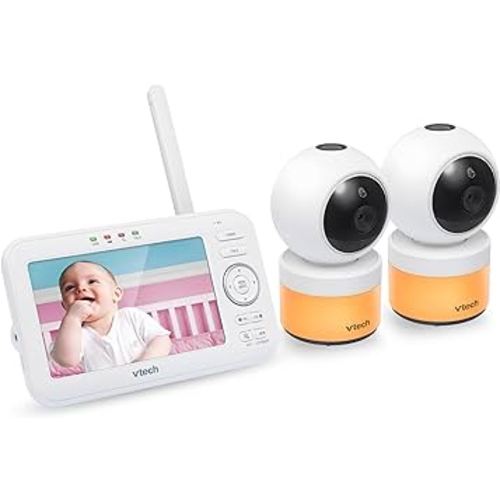 VTech VM5463-2 Baby Monitor 5" Screen with 2 Cameras, Pan-Tilt- Zoom, Night Light, Glow On The Ceiling Projector, Two-Way Talk, Secure Transmission No WiFi
