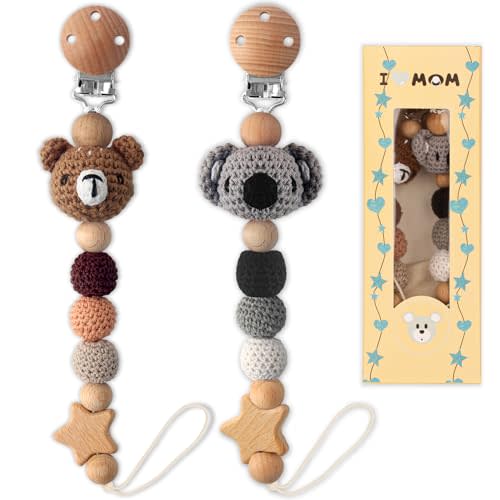 LSTRAGY Pacifier Clip, 2 Pack Pacifier Clips for Boys and Girls, Cute Koala & Bear Handmade Knitted Pacifier Holder Fits for Most Pacifier, Baby Teethers, Baby Shower and Baby Gift
