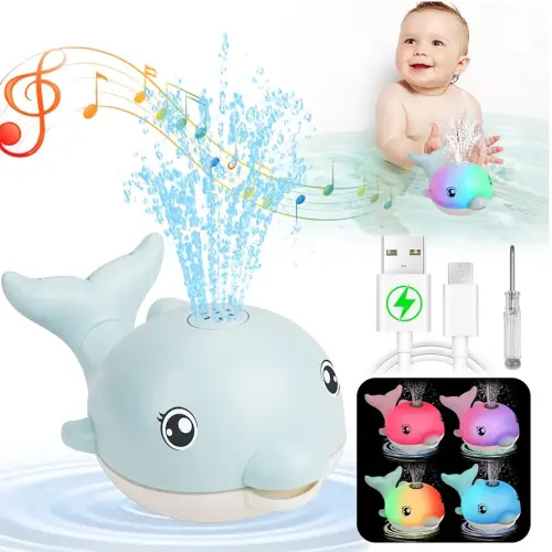 Bath Toys, Light Up Dolphin Baby Bath Toys for Babies 6-12 12-18 Months, Rechargeable Sprinkler Musical Toys, Easter Basket Stuffers Bathtub Toys for Toddlers 1-3 2-4 Boys Girls Infant Kids- Blue