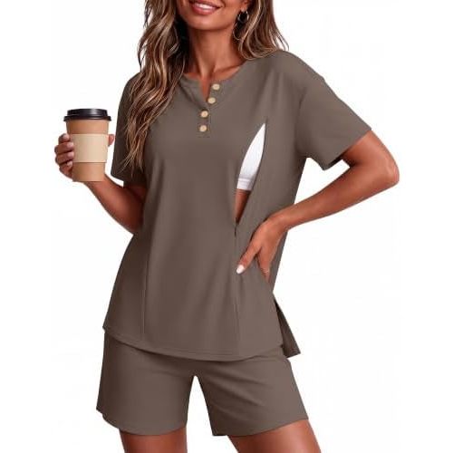 2 Piece Maternity Nursing Pajama Set Postpartum Sleepwear Breastfeeding Short Sleeve and Shorts with Hidden Zipper