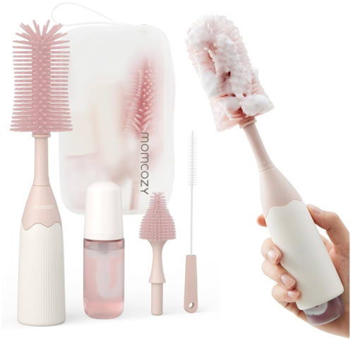 Momcozy Bottle Brush Kit, Innovative Push-Press Design for Better Cleaning - Baby Bottle Cleaner Brush for Baby Bottle, Breast Pumps, Nipples, and More - Can Generate Foam for Better Cleaning, Pink