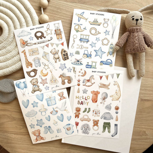 baby stickers for scrapbook, baby boy stickers, baby scrapbook stickers, boho baby stickers for baby boy, watercolor baby toy stickers