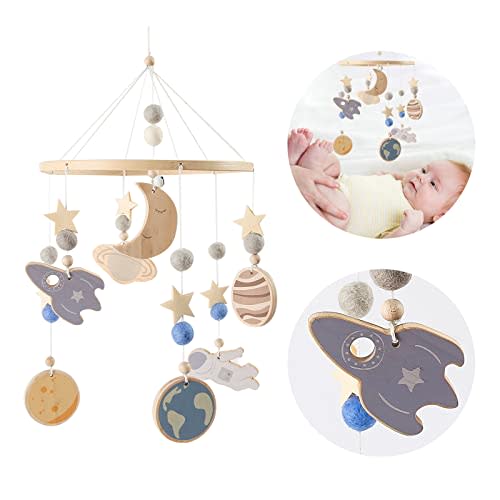 Wooden Wind Chime Baby Bed Bell, Neutral Crib Mobile, Handmade Space Ceiling Mobile, Nursery Decoration, 8 Bells