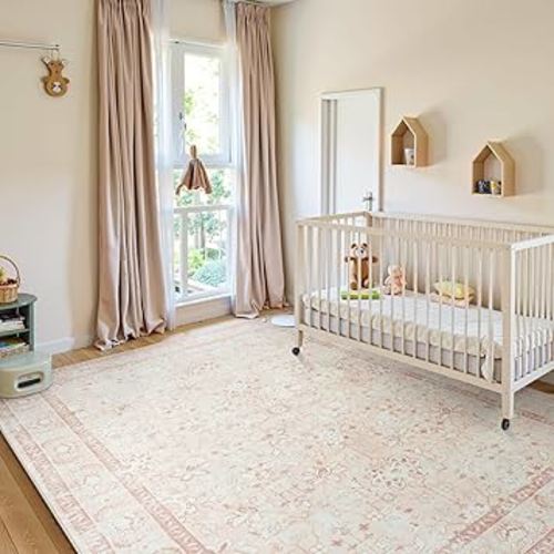 LIVEBOX Washable Living Room Rug 8x10, Soft Boho Pink Area Rug for Bedroom, Non-Slip Vintage Floral Rug, Ultra-Thin Non-Shedding Large Carpet for Dining Room, Nursery, Home Office, Light Pink