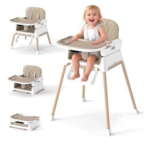 4 in 1 Baby High Chair for Babies and Toddlers, Foldable & Portable Convertible Booster Seat, Adjustable Tray & Footrest, Lightweight, Stable, Easy to Clean, Khaki