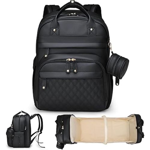 Leather Baby Diaper Bags with Changing Station,Extra large Capacity Baby Diaper Bag Backpack,Waterproof Baby Essentials(Black)