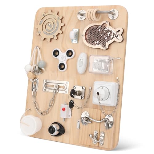 Pithfor Wooden Montessori Busy Board, Montessori Sensory Activity Board Toys for Kids Toddler Baby Boys Girls, for Autism & ADHD Motor Skills