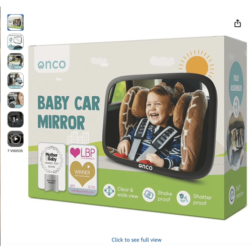 Onco Baby Car Mirror Rear Facing - Double Award-Winning Convex Car Mirror for Baby, 100% Shatterproof & Shakeproof with 360° Rotation, Newborn Essentials (9.6 x 6.9 in)