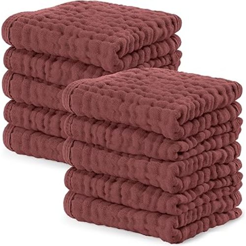 Comfy Cubs Muslin Baby Washcloths 10 Pack - Soft 6-Layer Cotton Wash Cloths for Sensitive Skin - 10"x10" Large, Gentle, Absorbent Infant Essentials for Newborn and Toddlers - Wine