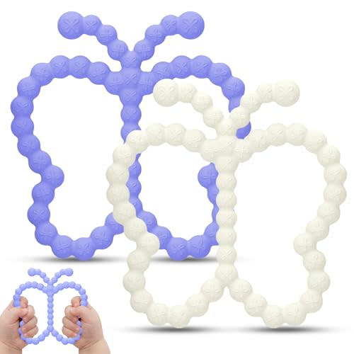 2 Pcs Baby Teething Toys Silicone Butterfly Teething Rings Over 3 Months - Baby Essentials Sensory Chew Toys -Baby Teether for Teething Relief -BPA Free Infant Toys Baby Shower Gifts (2, White,Purple)