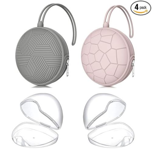 Smlpuame 4 Pack Pacifier Holder Case Set,2 Silicone Portable Pacifier Cover Pouch Bag for Diaper Bags Baby Carriage with 2 Transparent Pacifier Storage Container Box,Easy to Clean,(Pink & Grey)