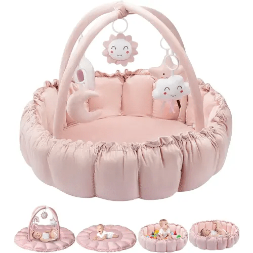 5-in-1 Convertible Baby Gym Play Mat with Hanging Toys, Soft Padded Baby Lounger & Ball Pit, Plush Tummy Time Mat for Newborns to Toddlers, Machine Washable, Pink