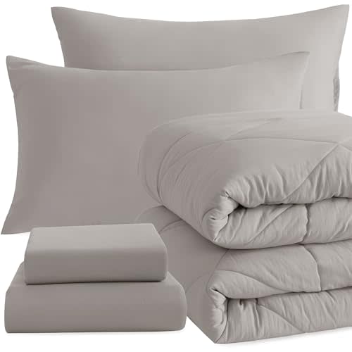 NTBAY Twin Microfiber Bed in a Bag, Comforter Set 5 Piece, Smoke Grey | Includes Comforter, Fitted Sheet, Flat Sheet, and 2 Pillowcases, Coordinated Microfiber Bedding Set for Twin Beds