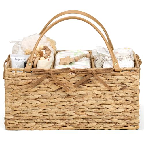 Diaper Caddy Organizer, Large Wicker Nursery Basket, Natural Water Hyacinth | Handwoven Storage Basket for Baby Nursery, Baby Caddy Basket with Removable Divider, Portable Organizer for Diapers Wipes