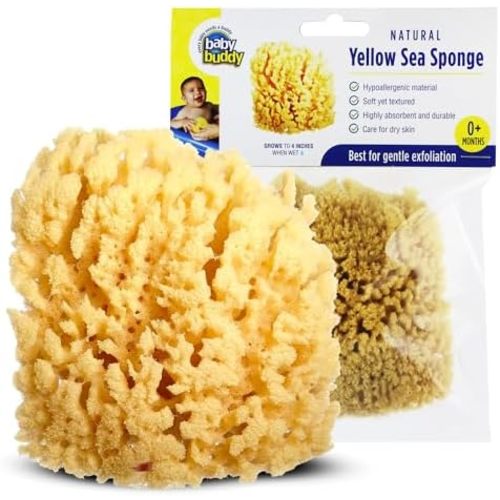 Baby Buddy (1 Count, 4 Inch) Natural Yellow Sea Bath Sponge, Natural Baby Bath Sponge for Newborns and Kids, Soft When Wet, Absorbent, Biodegradable, Hypoallergenic
