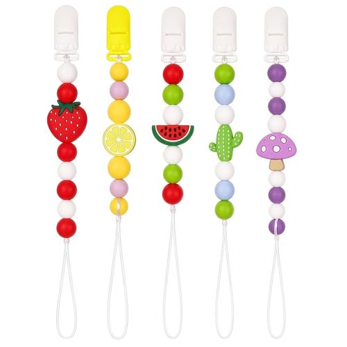 5 Pack Baby Pacifier Clips, 90° Foldable Clip with Gripping Ridges, Cute Cartoon Decor Pacifier Holders for Baby Boys & Girls (Multicolor 7)