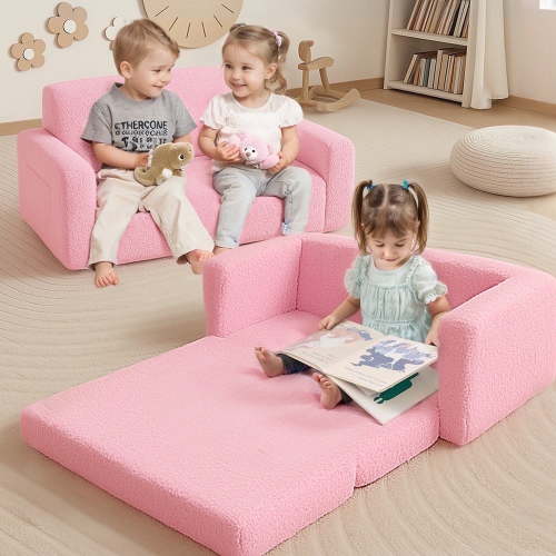 Kids Couch, Caveen Extra Wide Kids Sofa, 2 In 1 Convertible Toddler Sofa Chair for Boys and Girls, Pink