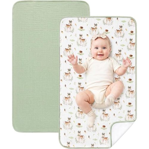Eterish 2 Pack Waterproof Muslin Cotton Portable Changing Pad 30"x 17", Soft & Foldable Changing Pad Liner with Terry Backing, Travel Baby Changing Mat for Newborn Girls Boys