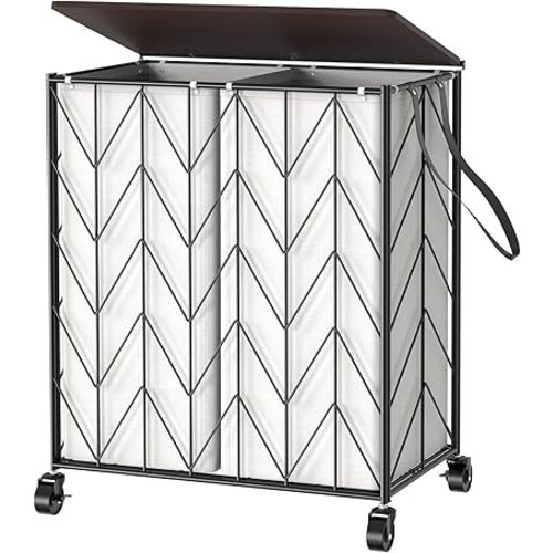 WOWLIVE Laundry Basket with Wheels, Heavy Duty Laundry Hamper with Wood Lid, Clothes Hamper with Divided Removable Liner Bag, Large Capacity Iron-Made Laundry Sorter Laundry Room Organization (Beige)