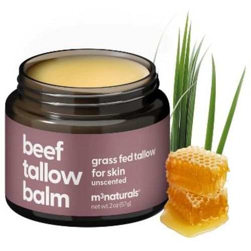 Grass Fed Beef Tallow Balm, Unscented Moisturizing Balm with Cold-Pressed Olive Oil and Beeswax for Skin, Body and Face, M3, 2oz