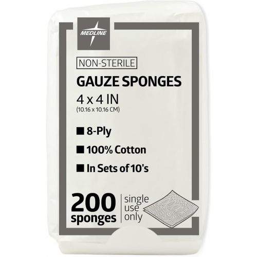 Medline 4 x 4 inch Gauze Sponges, 100% Cotton, 8-Ply Woven Non-Sterile Gauze (Pack of 200)