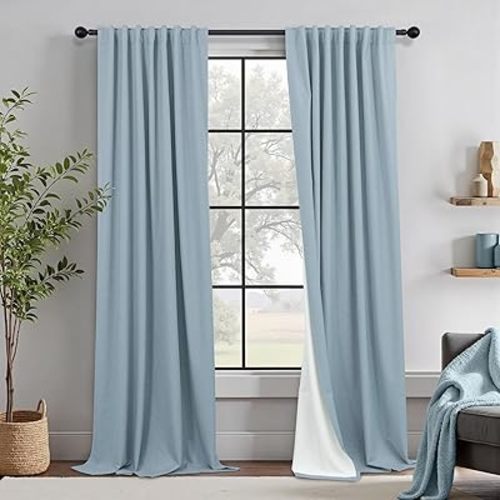 Dusty Blue Drapes 84 Inch Length 2 Panels for Bedroom Aesthetic 100% Blackout Cute Curtains for Nursery Weather Curtain Thermal Insulated Energy Efficient Cotton Linen Back Tab Pleated Stone Blue Grey