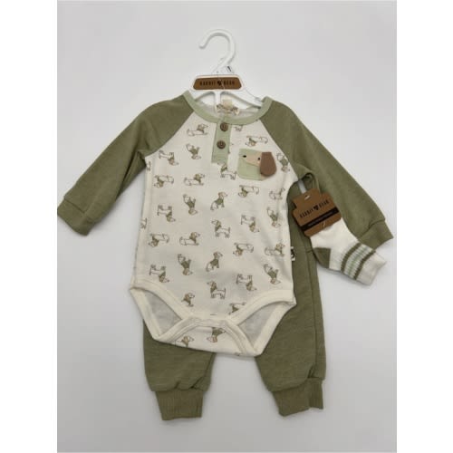Rabbit Bear 6-9M Olive Green Puppy Print 3pc Outfit Set