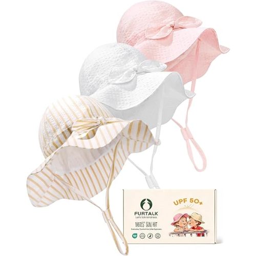 FURTALK 3 Pack Baby Sun Hat Toddler Beach Hat Girls UPF 50+ Wide Brim Infant Kids Summer Adjustable Sun Protection
