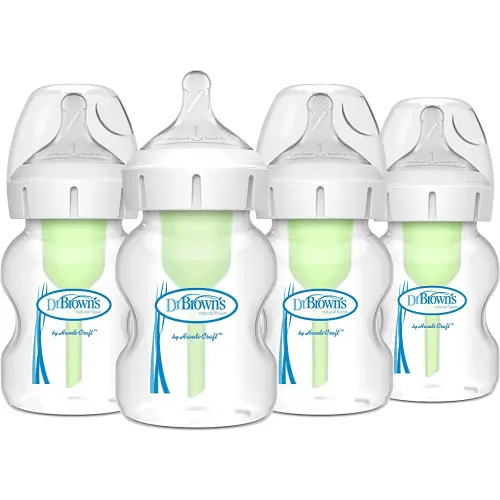 Dr. Brown's Natural Flow Anti-Colic Options+ Wide-Neck Baby Bottles 5 oz/150 mL,with Level 1 Slow Flow Nipple,4 Pack,0m+