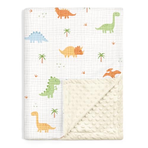 Dinosaur Baby Blankets for Boys, Soft Nursery Minky Blankets with Muslin and Dotted Fleece Back 30x40 inches, Receiving Bed Quilt for Newborn, Infants, Toddlers