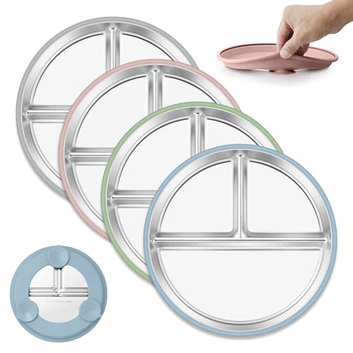E-far Stainless Steel Toddler Plates with Suction - 9" Kids Plates, 4-Pack Divided Unbreakable & Non-Slip Baby Dishes with Removable Silicone Sleeves, Dishwasher Safe