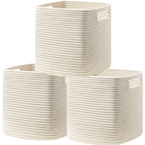 UBBCARE Set of 3 Cotton Rope Basket 13 X 13 X 13 Inches, Woven Storage Baskets for Shelves, Organizing with Handles, Cube Storage Bins for Storage Books, Magazines, Beige
