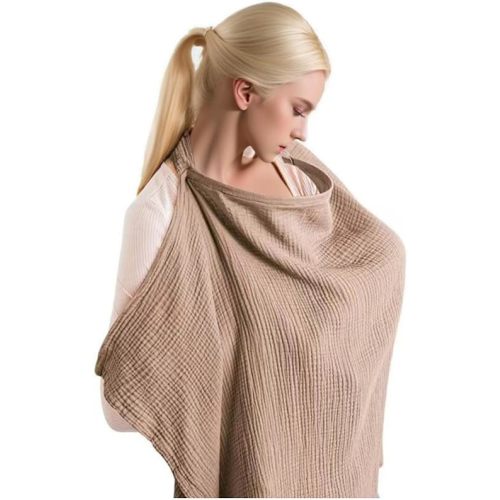 Muslin Nursing Cover for Breastfeeding, Breathable Privacy Nursing Covers with Arch Neckline for Hands-Free View, Soft Cotton Multi-use Adjustable Nursing Apron Cover | Carseat Cover (Brown)