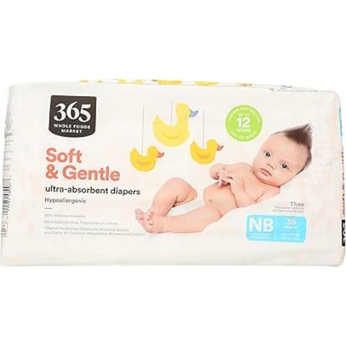 365 by Whole Foods Market, Soft & Gentle Newborn Diapers with Wetness Indicator, Ultra-Absorbent, Hypo-Allergenic, Ultra-Absorbent, 36 Count