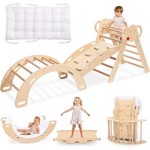WINGYZ Pikler Triangle Set, Montessori Foldable 8-in-1 Jungle Gym with Reversible Animal Slide, Patent-Protected Climbing Set, Safe 2.35" Gap ASTM F963 Standards for Toddlers 18 Months-5 Years (Teak)