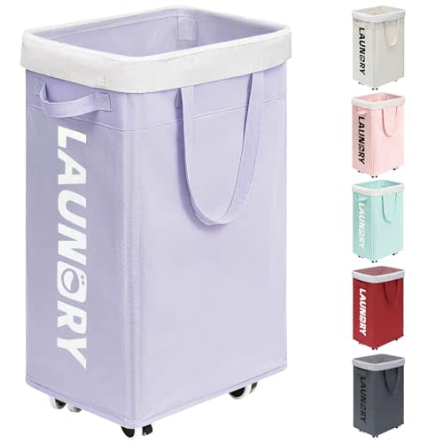 Goodpick Laundry Basket with Wheels,75L Collapsible Laundry Baskets with Removable Wash Bag, Clothes Laundry Hamper on Wheels, Light Purple