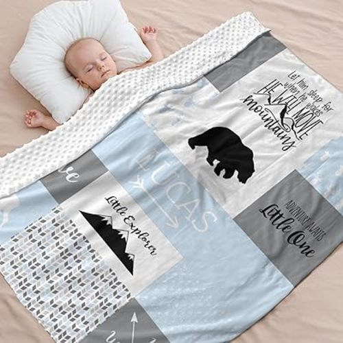 Personalized Baby Blanket Cute Animal Blanket for Boys - Soft Double Layer with Dotted Backing, Toddler to Newborn, Shower Gifts, Light Blue (35 X 45 inches)
