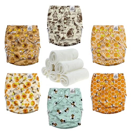 Mama Koala 3.0 Pocket Cloth Diapers for Babies with Suede Lining, 6 Pack with 6 4-Layer Natural Cloth Diaper Inserts - Reusable and Washable Pocket Diapers (S-Hardworking Bees)
