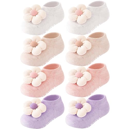 Konssy 4 Packs Baby Girl Socks with Cute Flower, Anti Non-Slip Soft Cotton Newborn Low Cut Ankle Socks for Girls