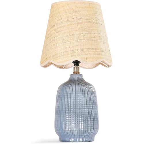Pia Ricco 19" Modern Ceramic Table Lamp for Living Room Gray Bule Base Desk Lamps for Bedroom Farmhouse Bedside Nightstand Lamp End Table Lamps,Bule,Rattan Shade