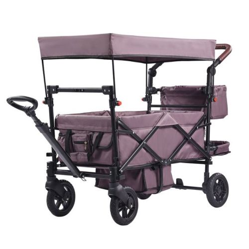 Wagon Stroller for 2 Kids, Push-Pull Collapsible Quad Stroller with Canopy, Adjustable Handle & Brake Wheels