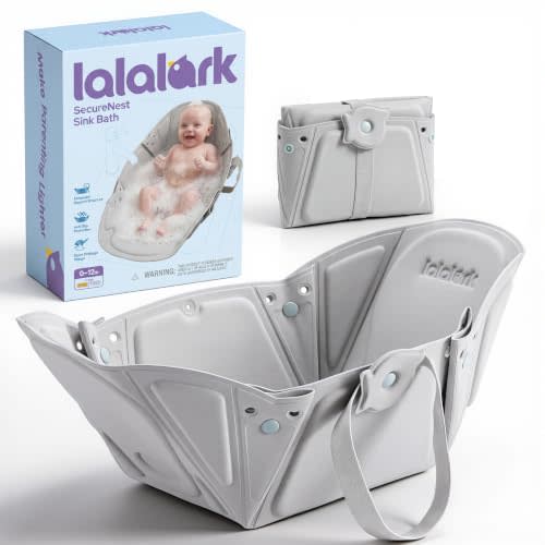lalalark Foldable Baby Sink Bath, Infant Sink Bather with Non-Slip Support, 4-Hole Quick Drain, Slim Fold Design, Portable & Easy to Store Baby Bath Support for Newborns and Infants 0–6 Months