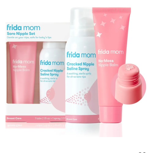 Frida Mom Nipple Cream and Saline Spray Set, Breastfeeding Essentials for New Moms, Cracked Nipple Saline Spray and No-Mess Cream, 2pc Set