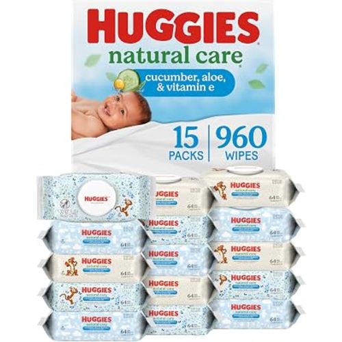 Huggies Natural Care Cucumber, Aloe & Vitamin E Wipes, 15 Packs, 960 Wipes | Lightly Scented, Hypoallergenic, Dermatologist Tested, No Harsh Irritants, 1-Handed Dispensing